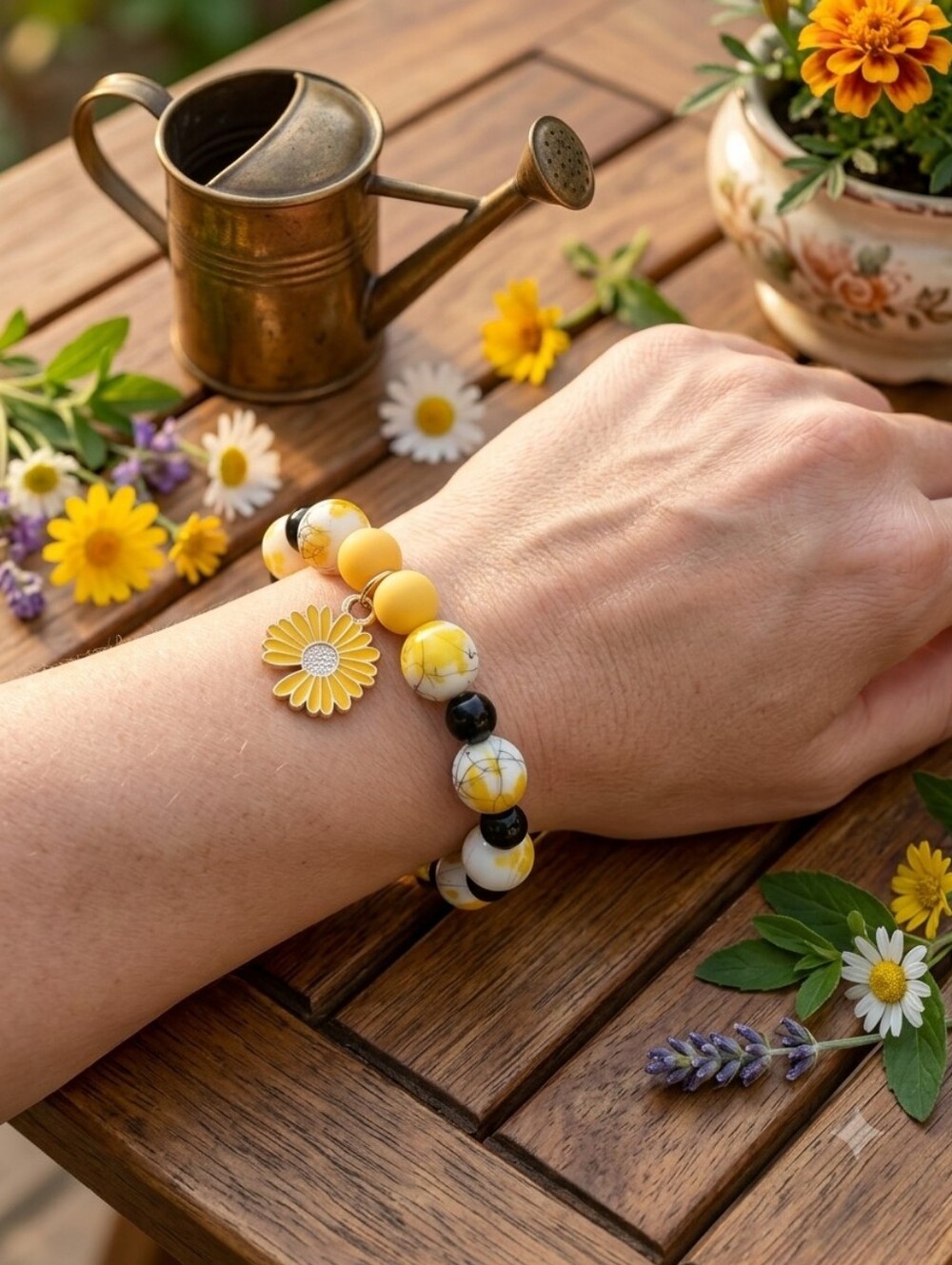 Yellow Daisy Charm Beaded Bracelet - Women Jewelry New